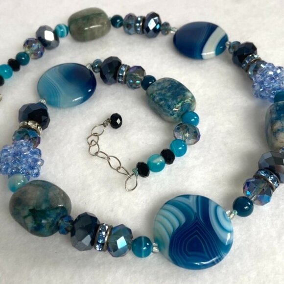 Sterling Silver 925 Blue Dyed Banded Agate & Chrysocolla Quartz Beaded Necklace - Picture 13 of 16